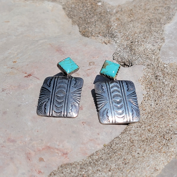 925 Sterling Silver Jewelry - Turquoise Stone and Stamped Silver Square Drop Earrings